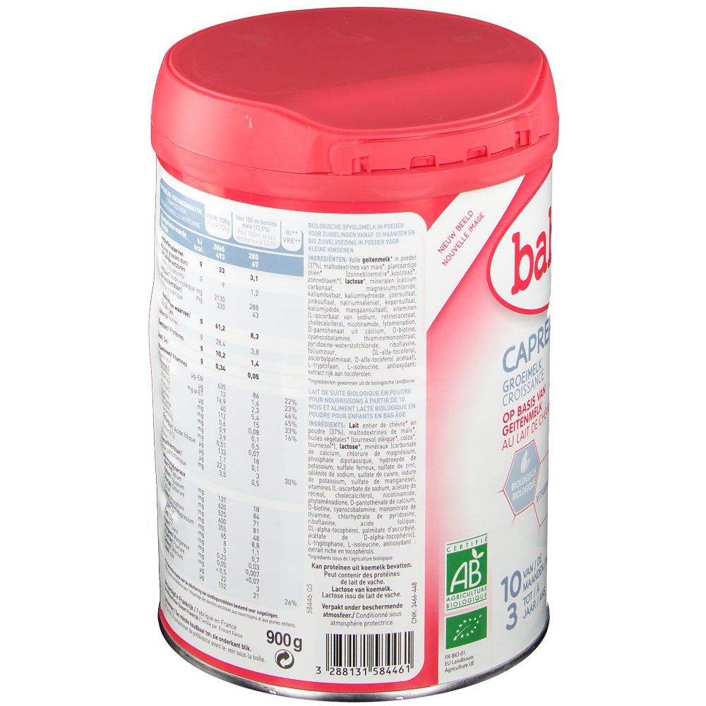 Lattina Babybio CAPREA latte di proseguimento 3, a base di latte di capra. Coperchio rosso, lattina bianca con testo e logo. Marchio bio.