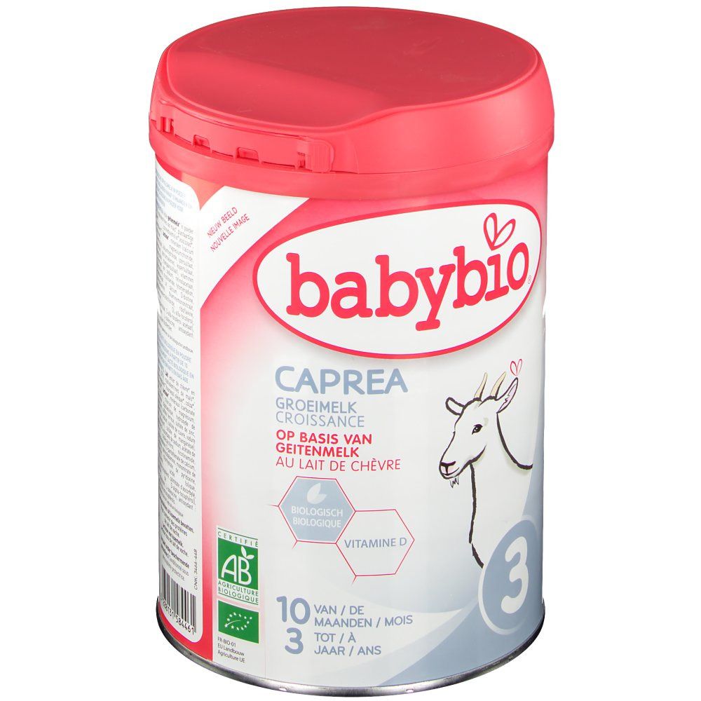 Lattina Babybio CAPREA latte di proseguimento 3, a base di latte di capra. Coperchio rosso, lattina bianca con logo, capra e testo. Marchio bio.