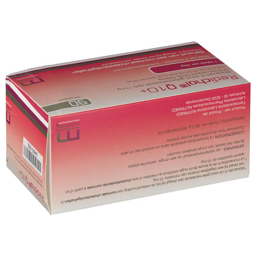 Confezione di Redichol Q10+. Scatola rossa e bianca con informazioni sul prodotto e scritta "90".