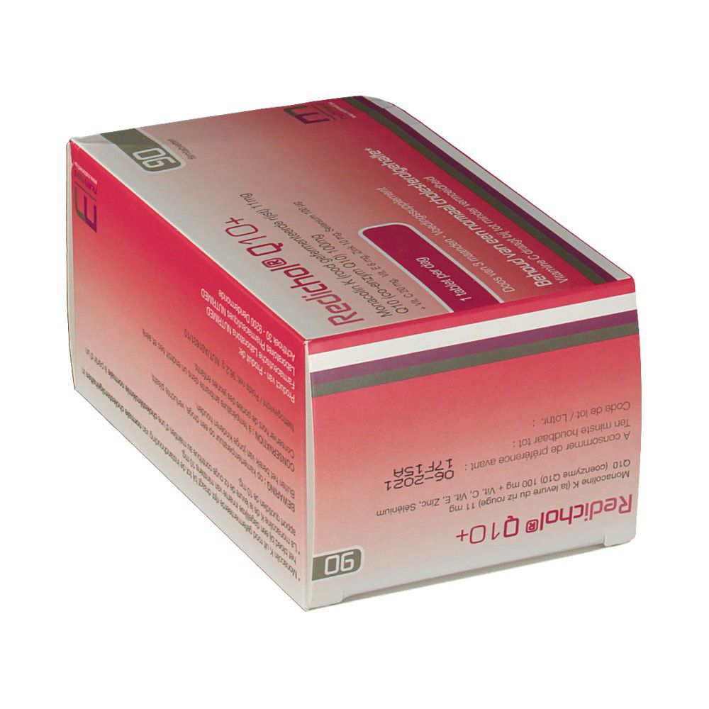 Confezione di Redichol Q10+. Scatola rossa e bianca con informazioni sul prodotto e scritta "90".