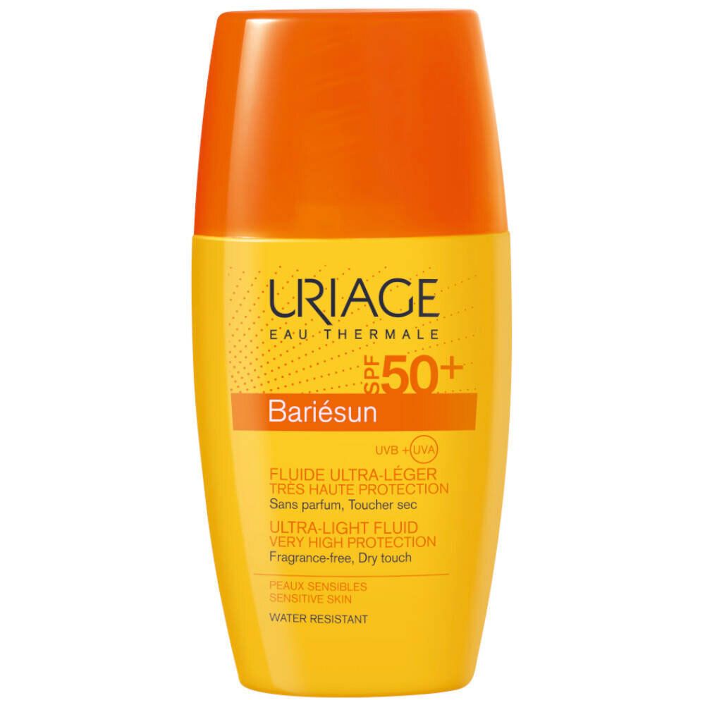 Flacone giallo con tappo arancione. Scritta: Uriage, Bariesun, SPF 50+. Fluido ultra-leggero, altissima protezione.