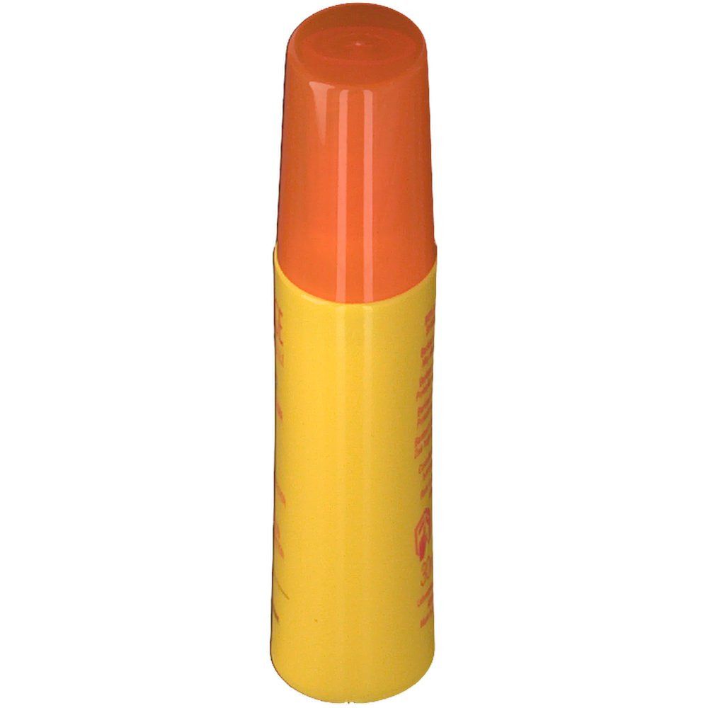 Flacone giallo-arancione. Tappo in alto. Scritta illeggibile.
