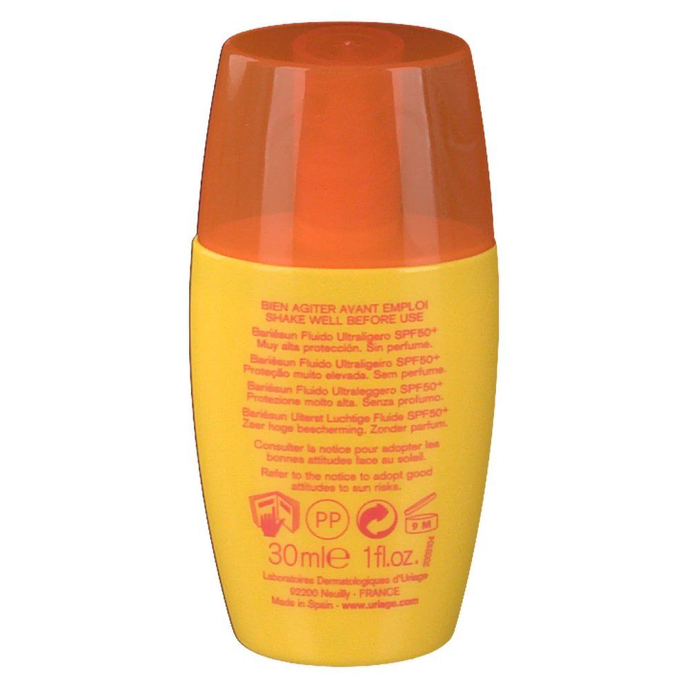 Flacone giallo con tappo arancione. Retro con testo. 30 ml, 1 fl.oz.