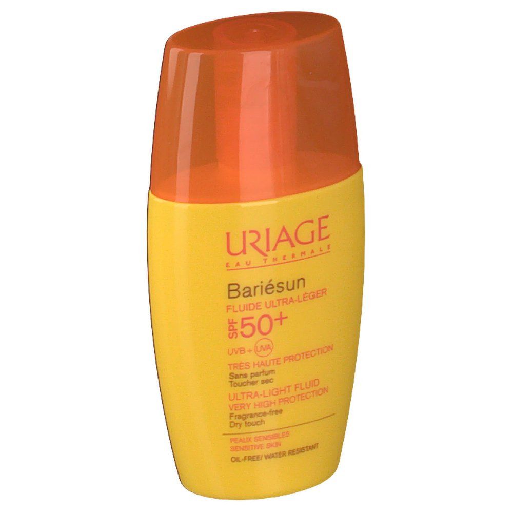 Flacone giallo con tappo arancione. Scritta: Uriage, Bariesun, SPF 50+. Fluido ultra-leggero.