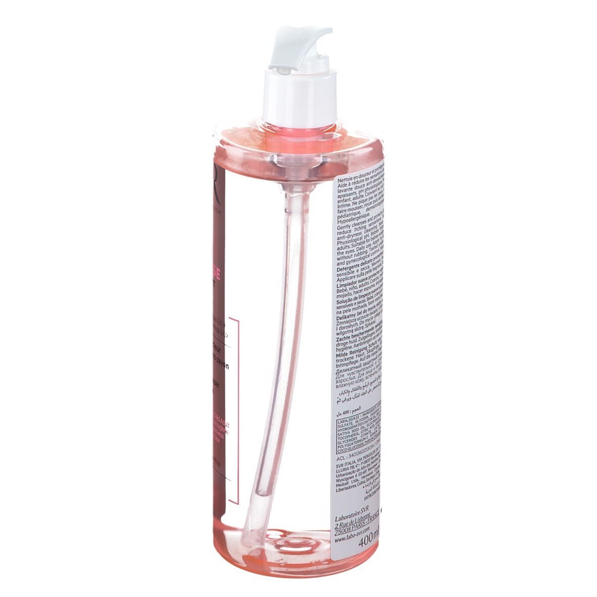 Flacone trasparente con liquido rosa e pompetta bianca. Retro con testo.