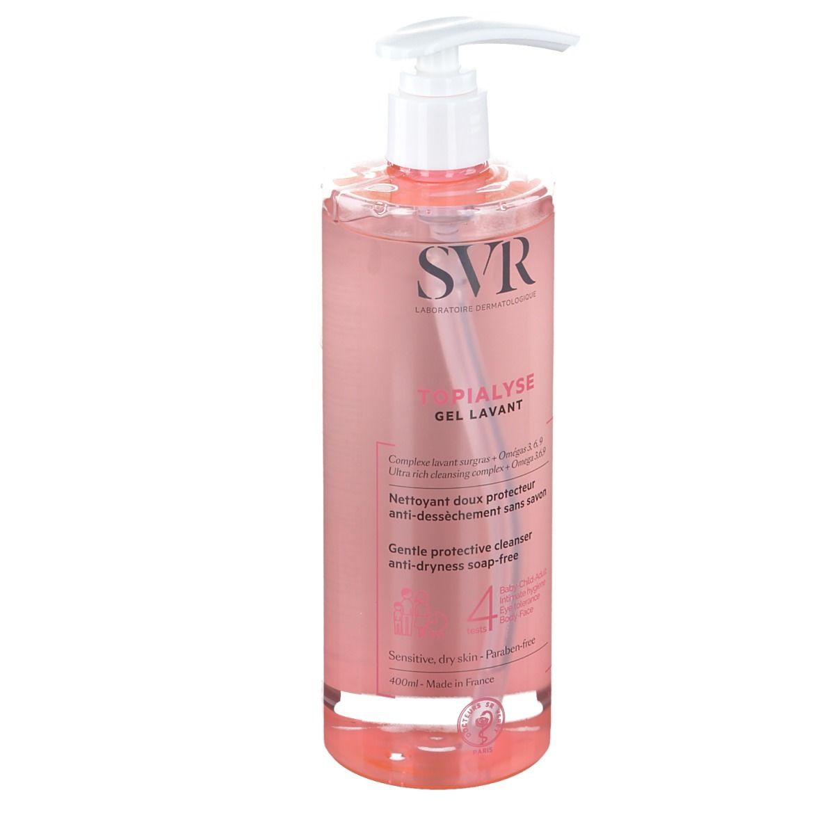 Flacone trasparente con liquido rosa e pompetta bianca. Scritta SVR, Topialyse Gel Lavant.