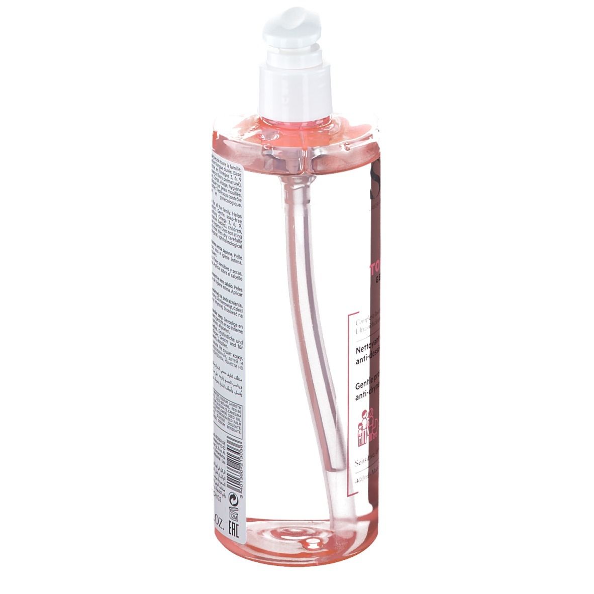 Flacone trasparente con liquido rosa e pompetta bianca. Retro con testo.