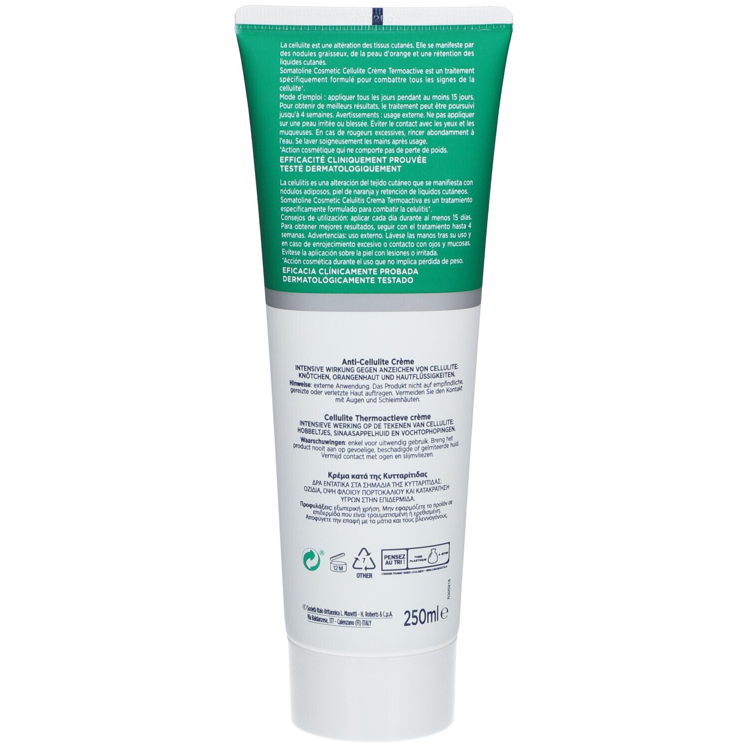 Retro del tubo. Testo multilingue. Dermatologicamente testato. 250ml. Crema anti-cellulite. Efficacia clinicamente provata.