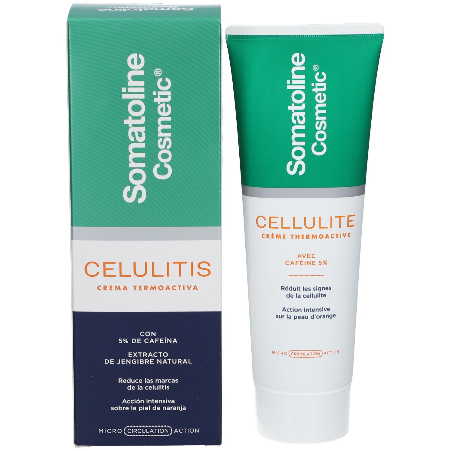 Confezione prodotto con tubo. Scatola verde con tubo. Scritta Somatoline Cosmetic, Cellulitis Crème Thermoactiva, con 5% caffeina.