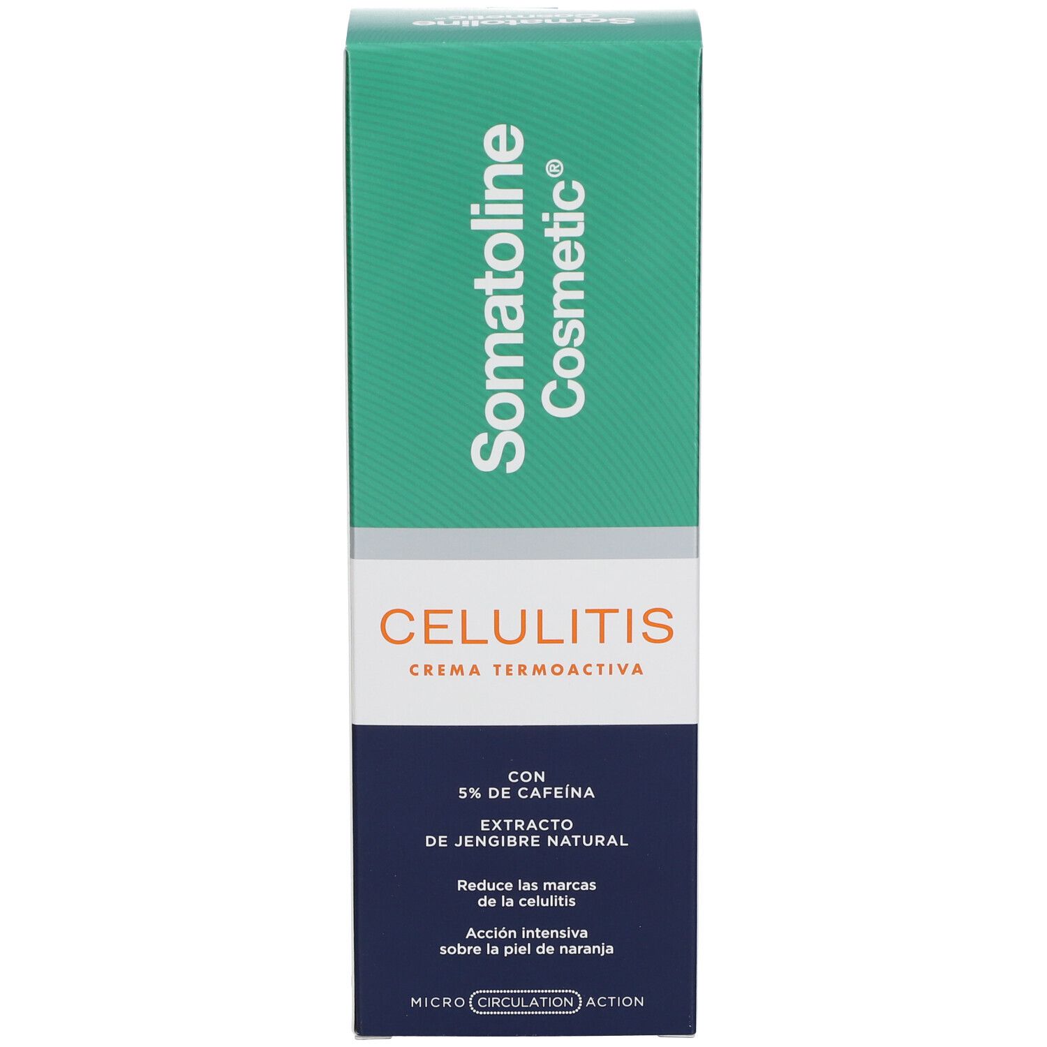 Confezione prodotto. Scatola verde su sfondo bianco. Scritta Somatoline Cosmetic, Cellulitis Crème Thermoactiva, con 5% caffeina.