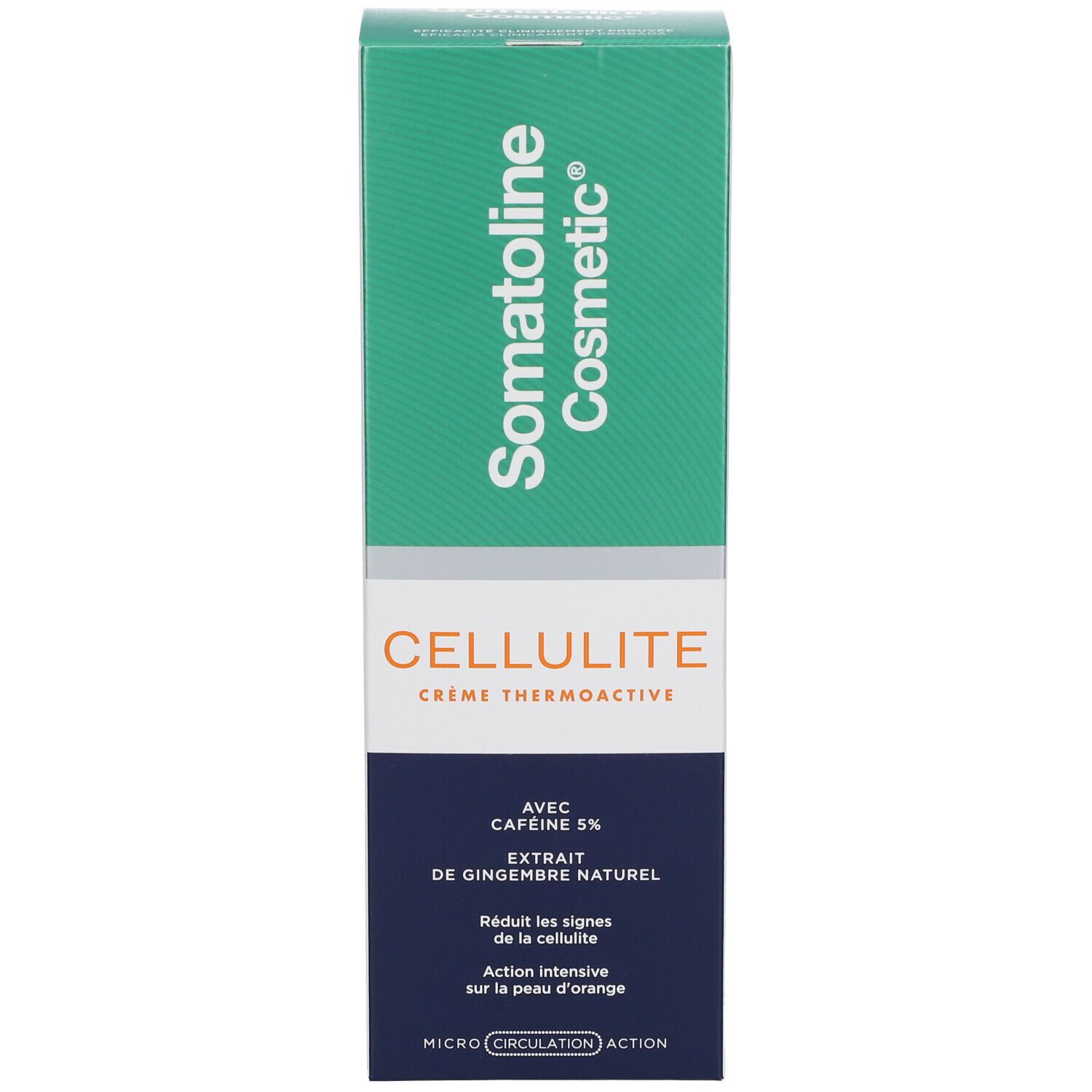 Confezione prodotto. Scatola verde su sfondo bianco. Scritta Somatoline Cosmetic, Cellulite Crème Thermoactive, con 5% caffeina.