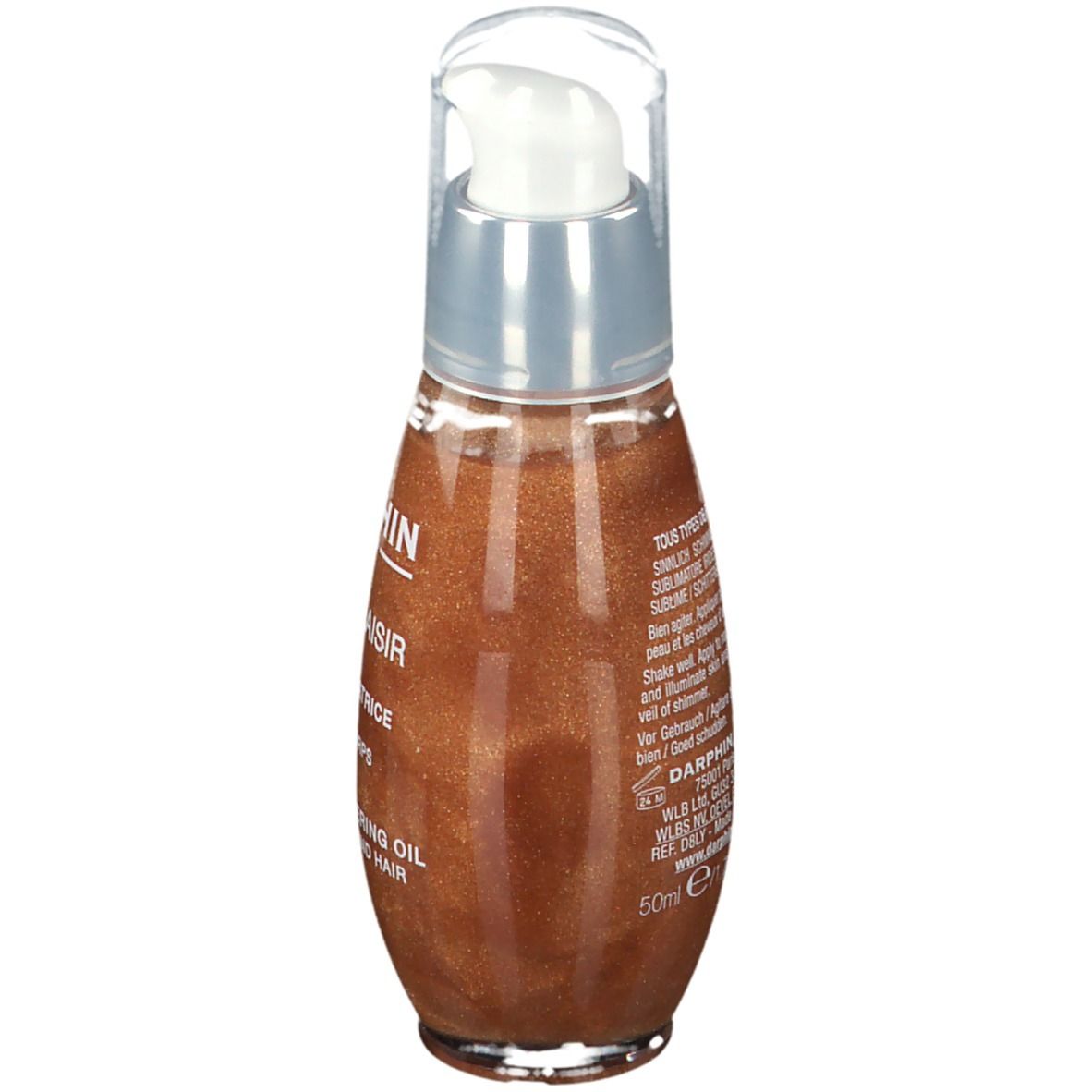 Vista posteriore del flacone di olio. Tappo trasparente, collare argentato, olio marrone. Testo: DARPHIN, SOLEIL PLAISIR, HUILE SUBLIMATRICE IRISÉE.