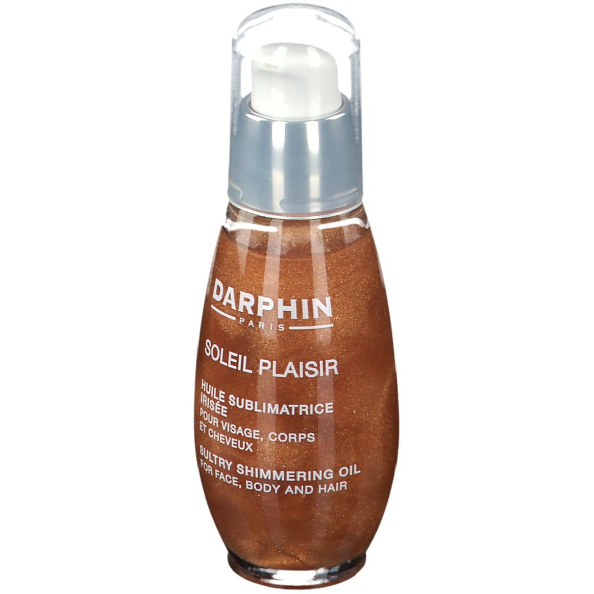 Flacone di olio per il corpo con pompa. Tappo trasparente, collare argentato, olio scintillante. Testo: DARPHIN, SOLEIL PLAISIR, Sultry Shimmering Oil.