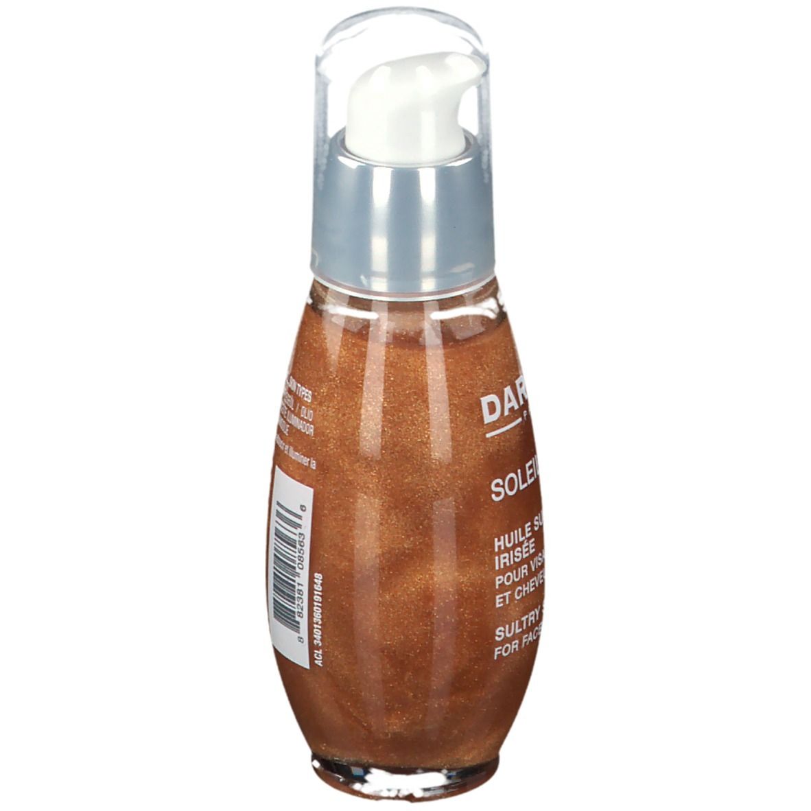 Vista posteriore del flacone di olio. Tappo trasparente, collare argentato, olio marrone. Testo: DARPHIN, SOLEIL PLAISIR, HUILE SUBLIMATRICE IRISÉE.