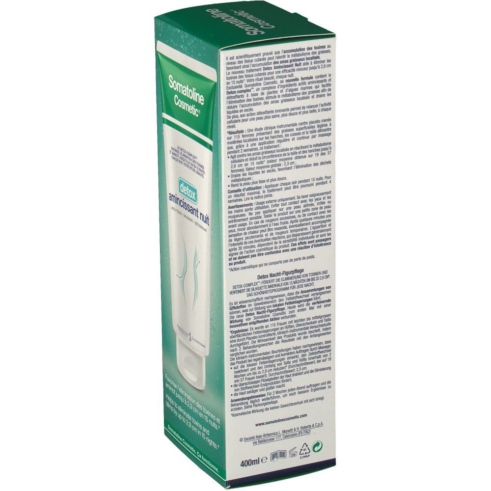 Confezione Somatoline Cosmetic. Nome prodotto e scritta 'detox'. Vista laterale con testo.