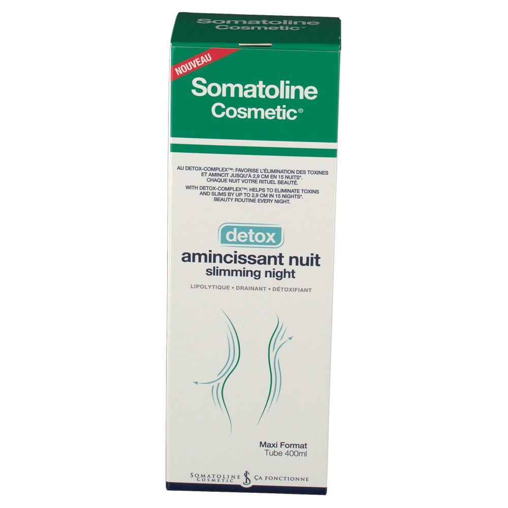 Confezione Somatoline Cosmetic. Scritta 'detox' e 'aminissant nuit'. Tubo Maxi Format.