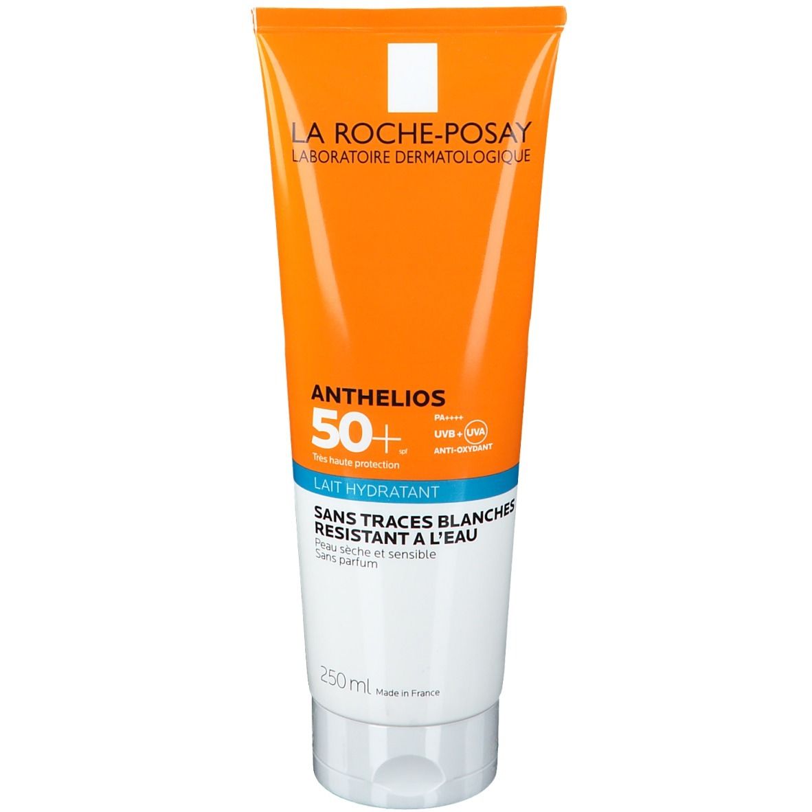 Tubo di latte solare arancione e bianco. Testo: La Roche-Posay, Anthelios 50+, sans traces blanches, résistant à l'eau. 250ml.