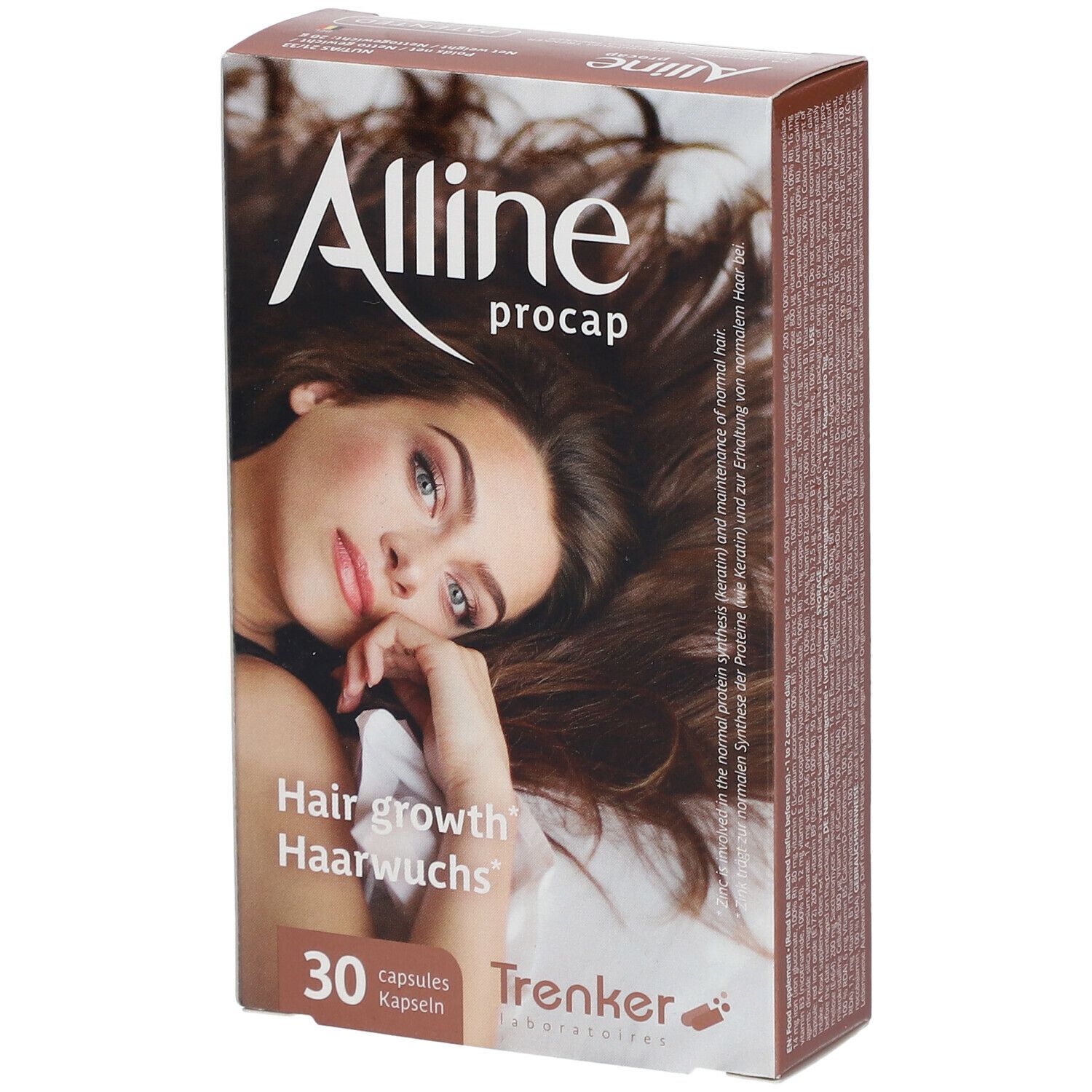 Scatola marrone con immagine e testo. Scritto: Alline procap, 30 capsule. Inglese: Hair growth, Haarwuchs. Trenker Laboratories.