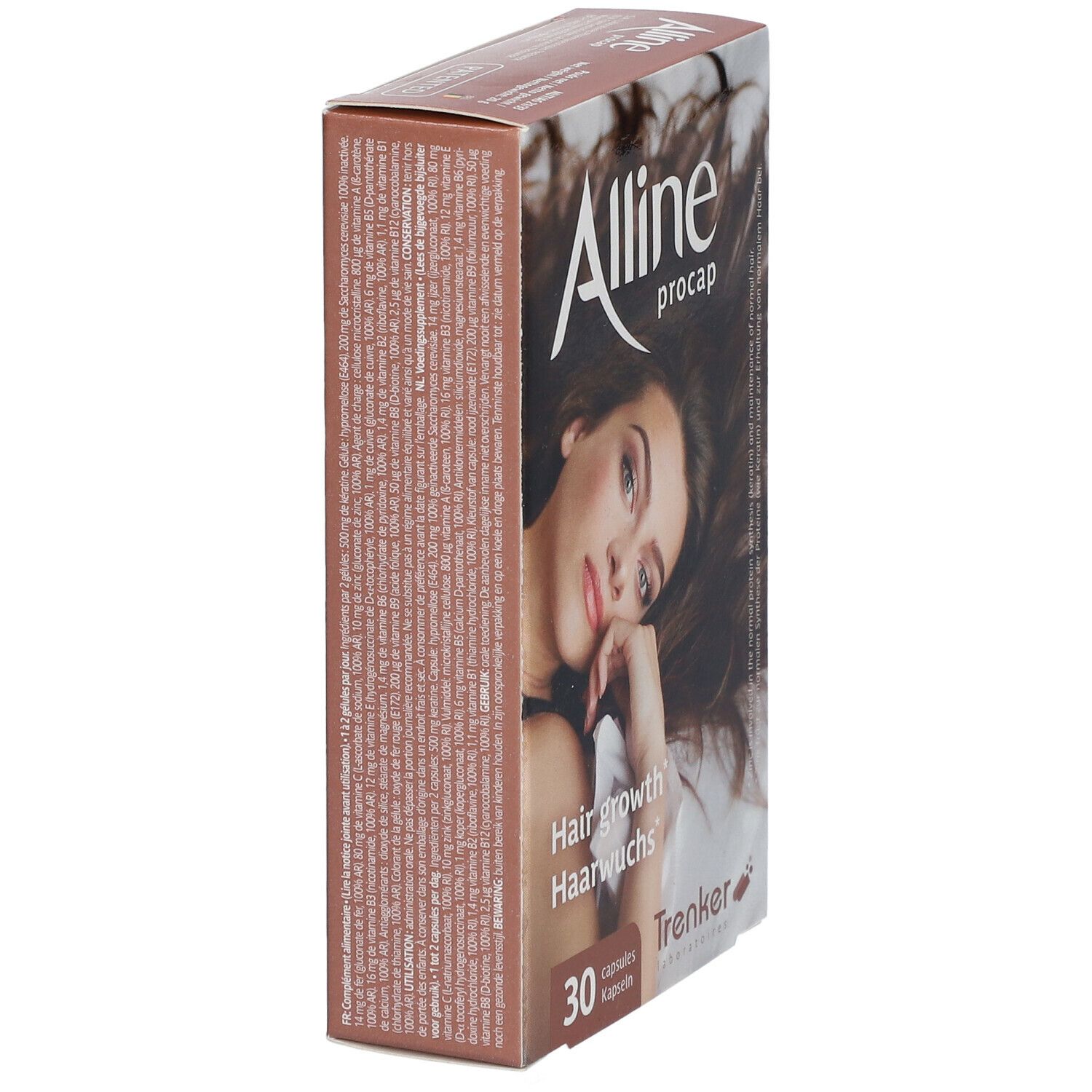 Scatola marrone, vista laterale. Scritto: Alline procap, 30 capsule. Inglese: Hair growth, Haarwuchs. Trenker Laboratories.