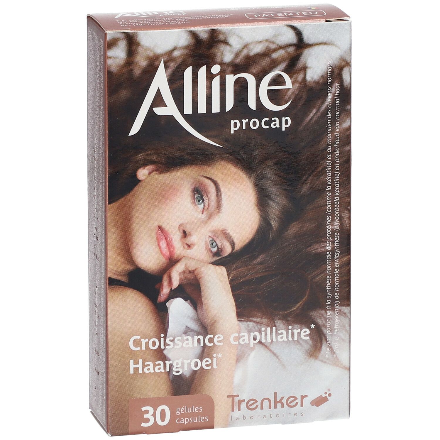 Scatola marrone con immagine e testo. Scritto: Alline procap, 30 capsule. Francese: Croissance capillaire, Haarwachstum.