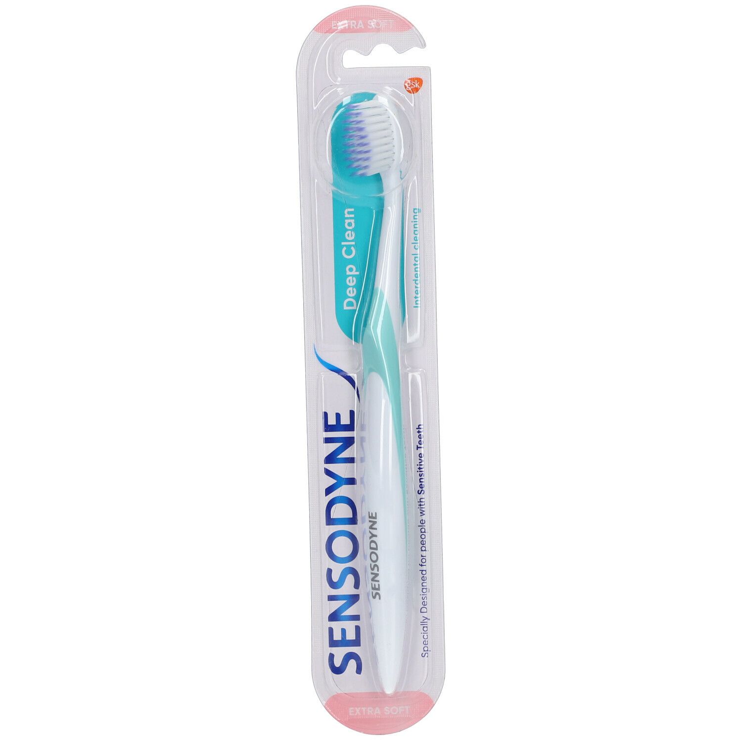 Spazzolino Sensodyne Deep Clean Extra Soft, confezione blister. Manico turchese e bianco, testina blu. Scritte "Deep Clean" e "Sensodyne".