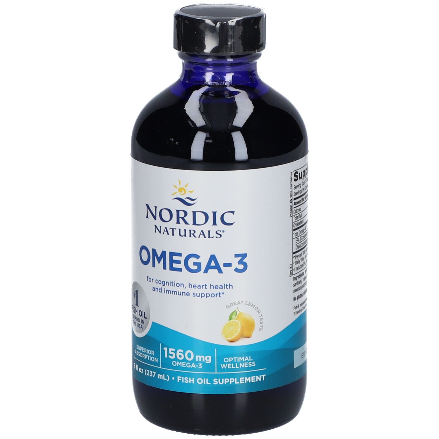 Integratore alimentare liquido in bottiglia. Scritta: OMEGA-3, gusto limone. Contiene 1560 mg Omega-3. Tappo nero, liquido blu.
