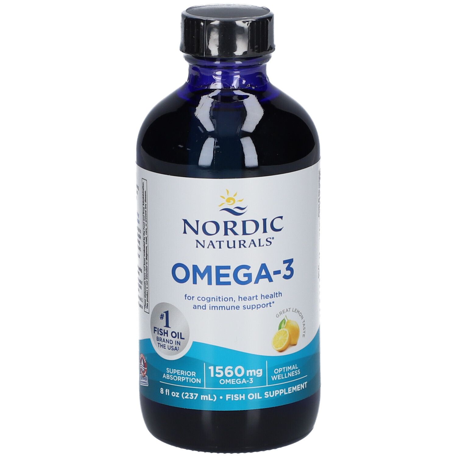 Integratore alimentare liquido in bottiglia. Scritta: OMEGA-3, gusto limone. Contiene 1560 mg Omega-3. Tappo nero, liquido blu.