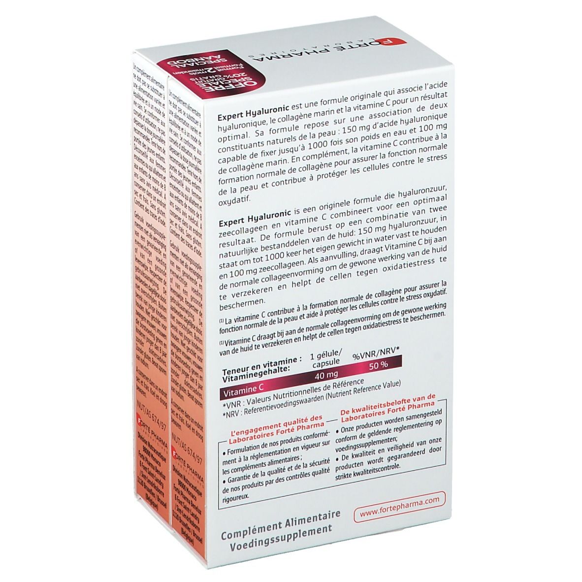 Retro della confezione Forté Pharma Expert Hyaluronic. Testo in tedesco, francese e olandese. Informazioni sul prodotto.