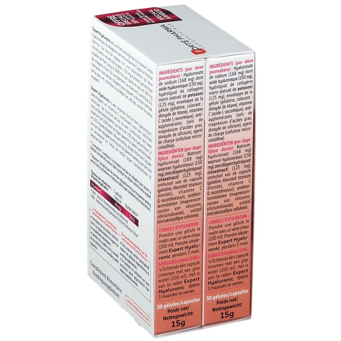 Vista laterale della confezione Forté Pharma Expert Hyaluronic. Contiene due scatole da 30 capsule. Ingredienti.