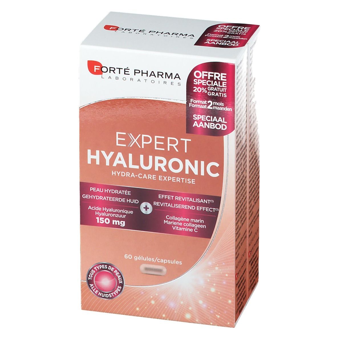 Confezione Forté Pharma Expert Hyaluronic. Scatola bianca, rossa e marrone con nome e ingredienti. 60 capsule.