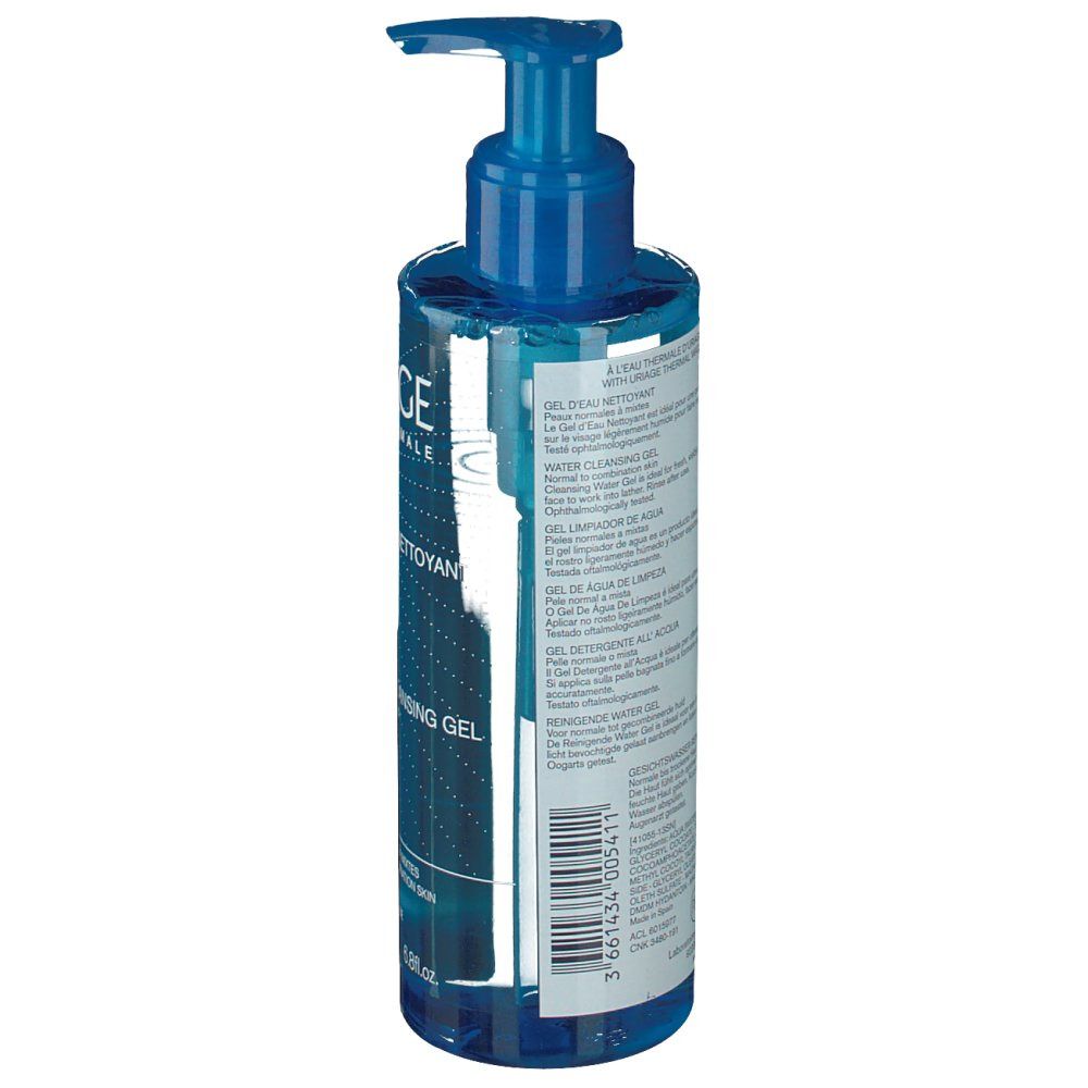 Retro del flacone blu con dosatore a pompa. Testo multilingue. Scritta: Water Cleansing Gel.