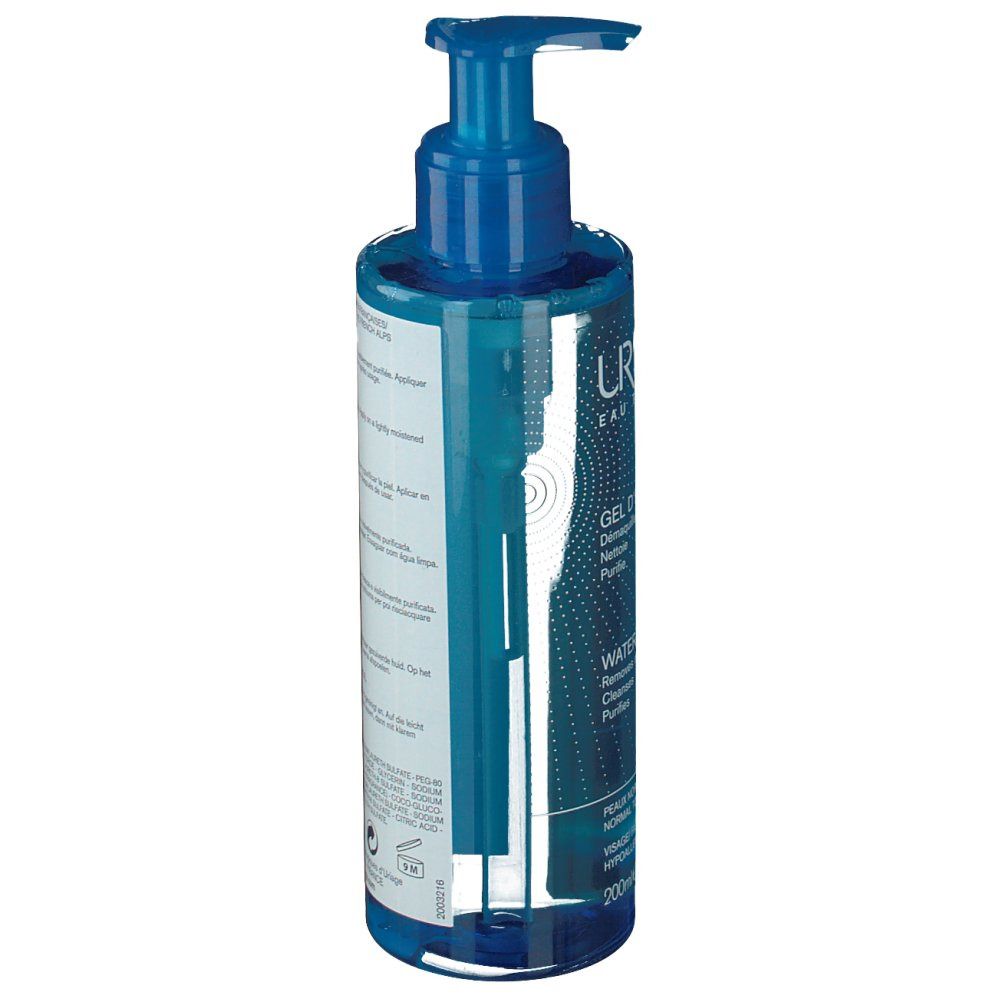 Flacone blu con dosatore a pompa, leggermente inclinato. Scritta: Uriage, Gel d'eau nettoyant, Water Cleansing Gel.