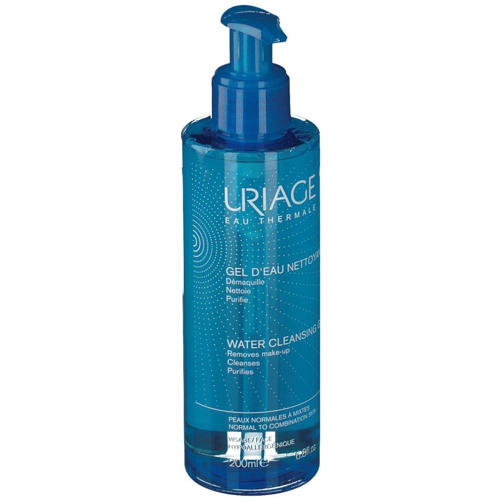 Flacone blu con dosatore a pompa. Scritta: Uriage, Gel d'eau nettoyant, Water Cleansing Gel. Per pelli normali e miste.