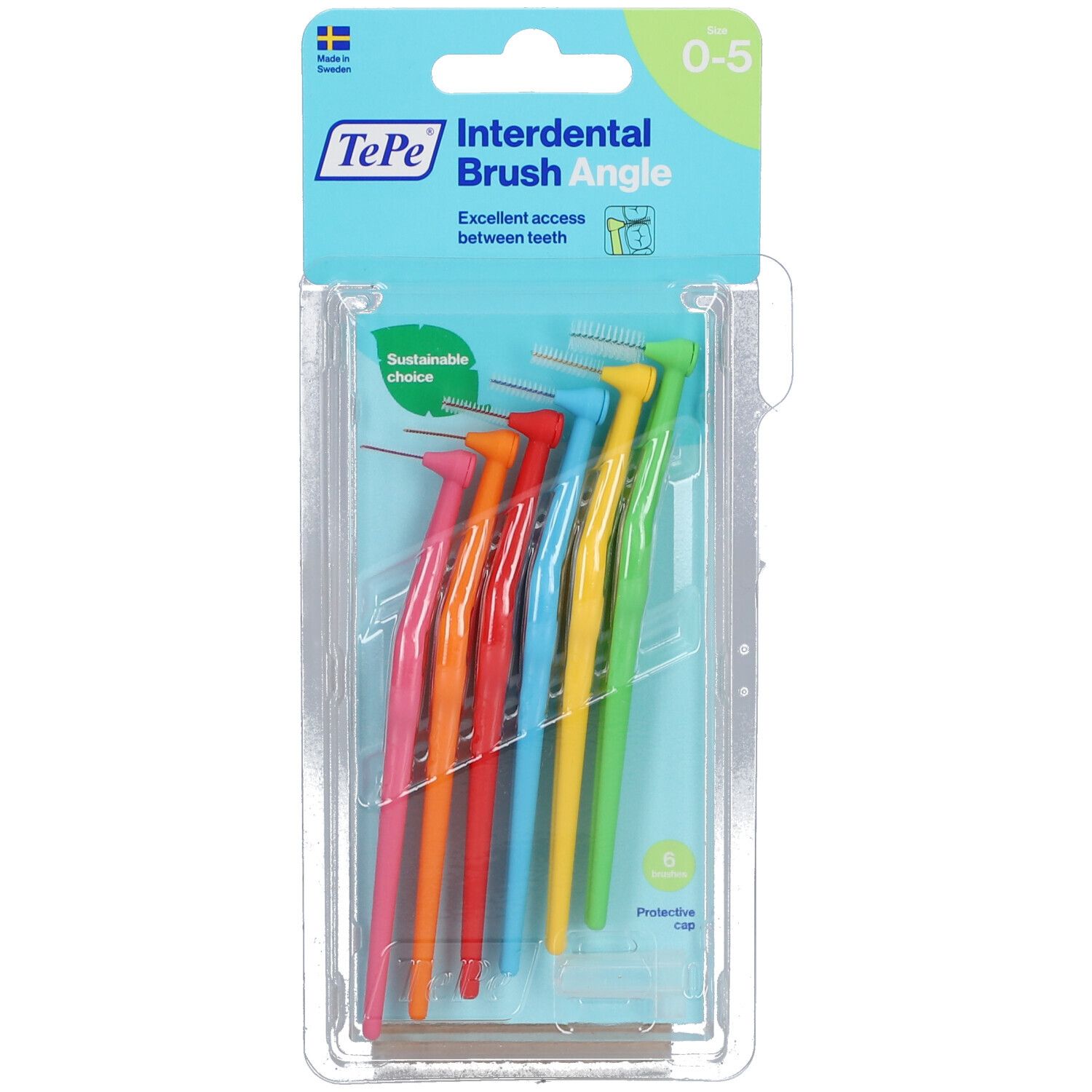 Confezione da 6 scovolini interdentali colorati. Marca TePe, modello Angle. Logo Scelta sostenibile.