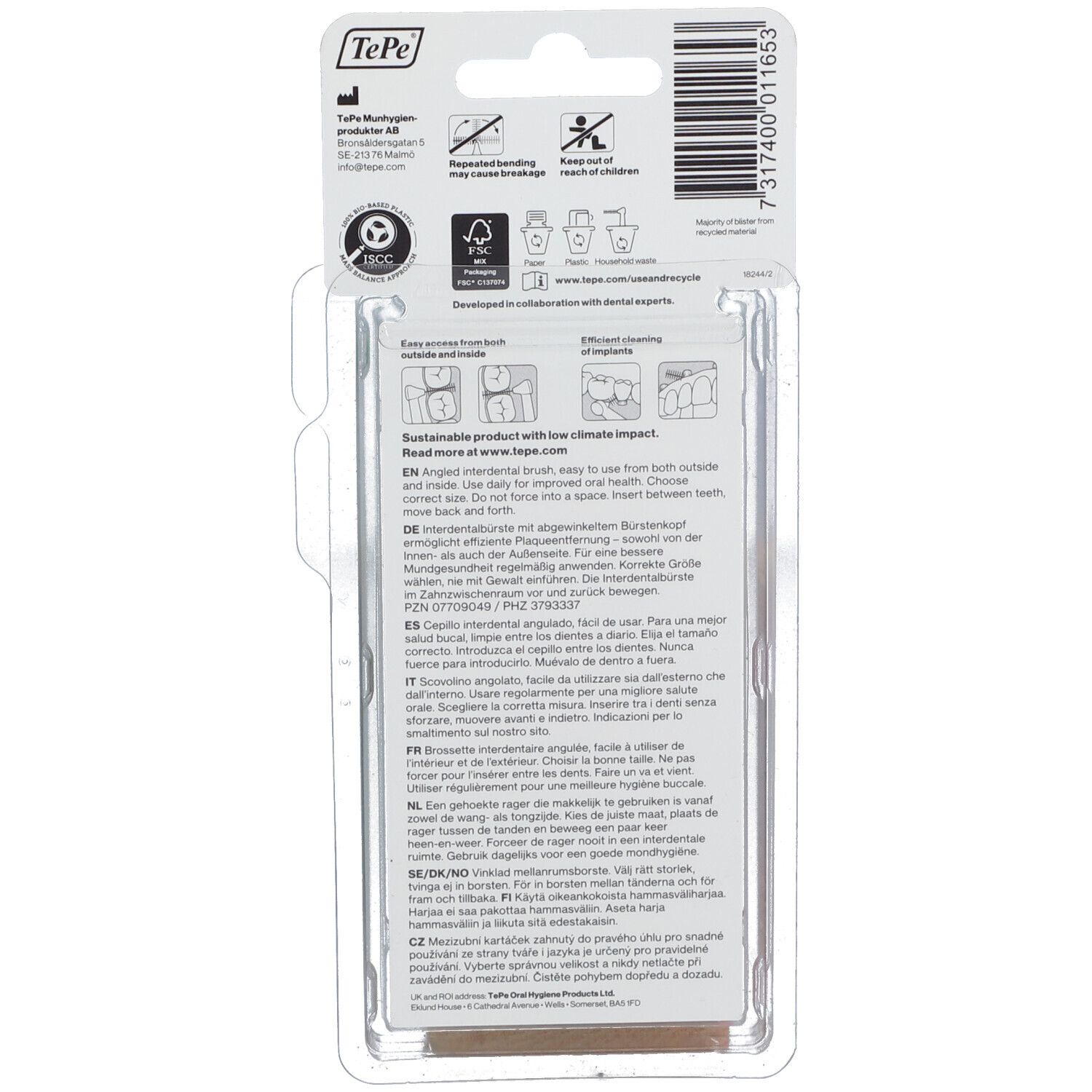 Retro della confezione con informazioni sul prodotto e loghi. Contiene testo in più lingue, tra cui l'italiano.