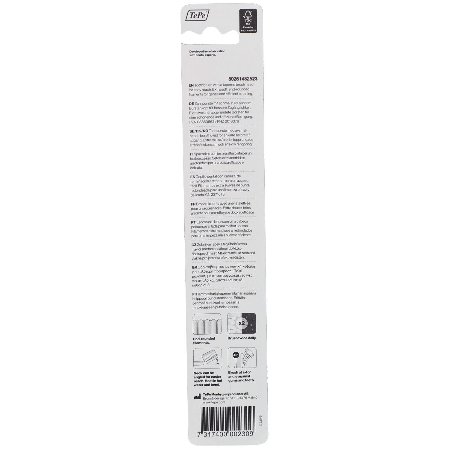 Retro della confezione blister. Testo multilingue. Logo FSC. Illustrazioni per lo smaltimento e l'appendimento.