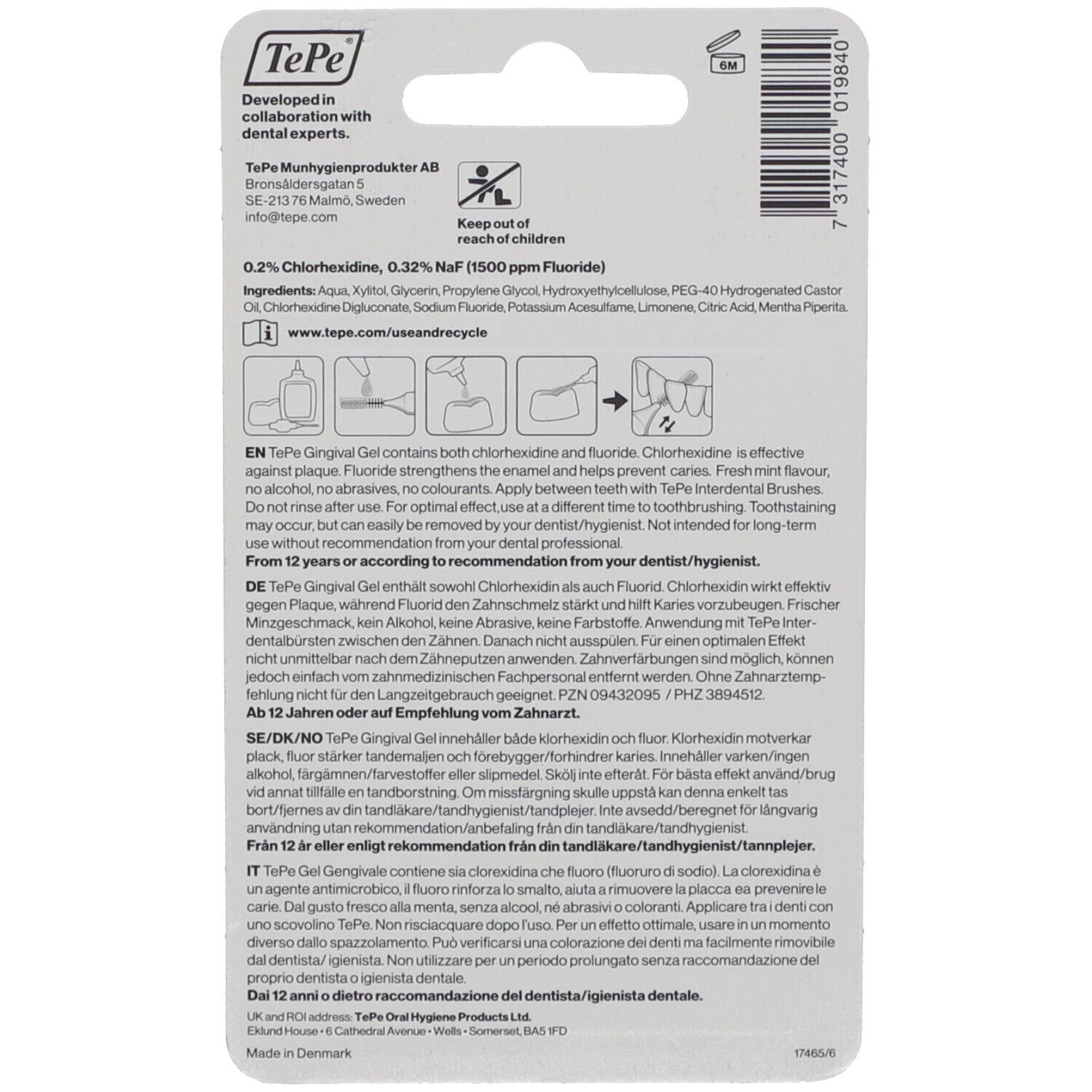 Retro della confezione del gel gengivale TePe. Contiene informazioni su ingredienti, uso e avvertenze. Testo in più lingue.