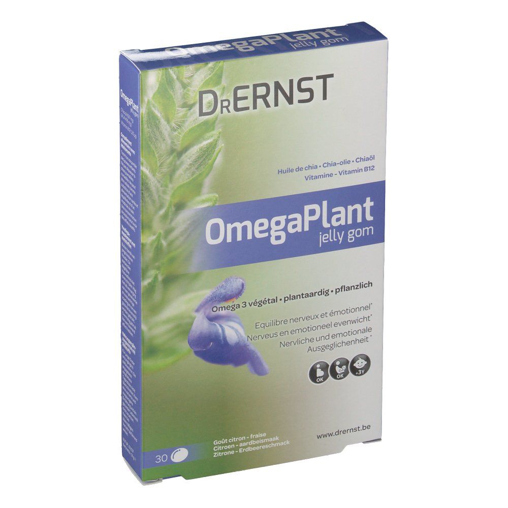 Confezione di DR Ernst OmegaPlant jelly gom. Fronte con nome del prodotto, design floreale e indicazione di 30 pezzi.