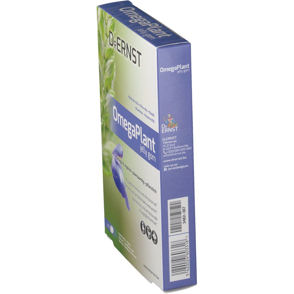 Vista laterale della confezione di DR Ernst OmegaPlant jelly gom. Nome del prodotto e codice a barre visibili.