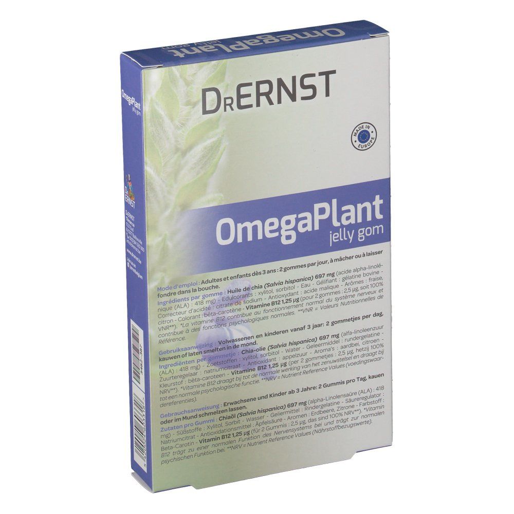 Retro della confezione di DR Ernst OmegaPlant jelly gom. Informazioni testuali e nutrizionali.