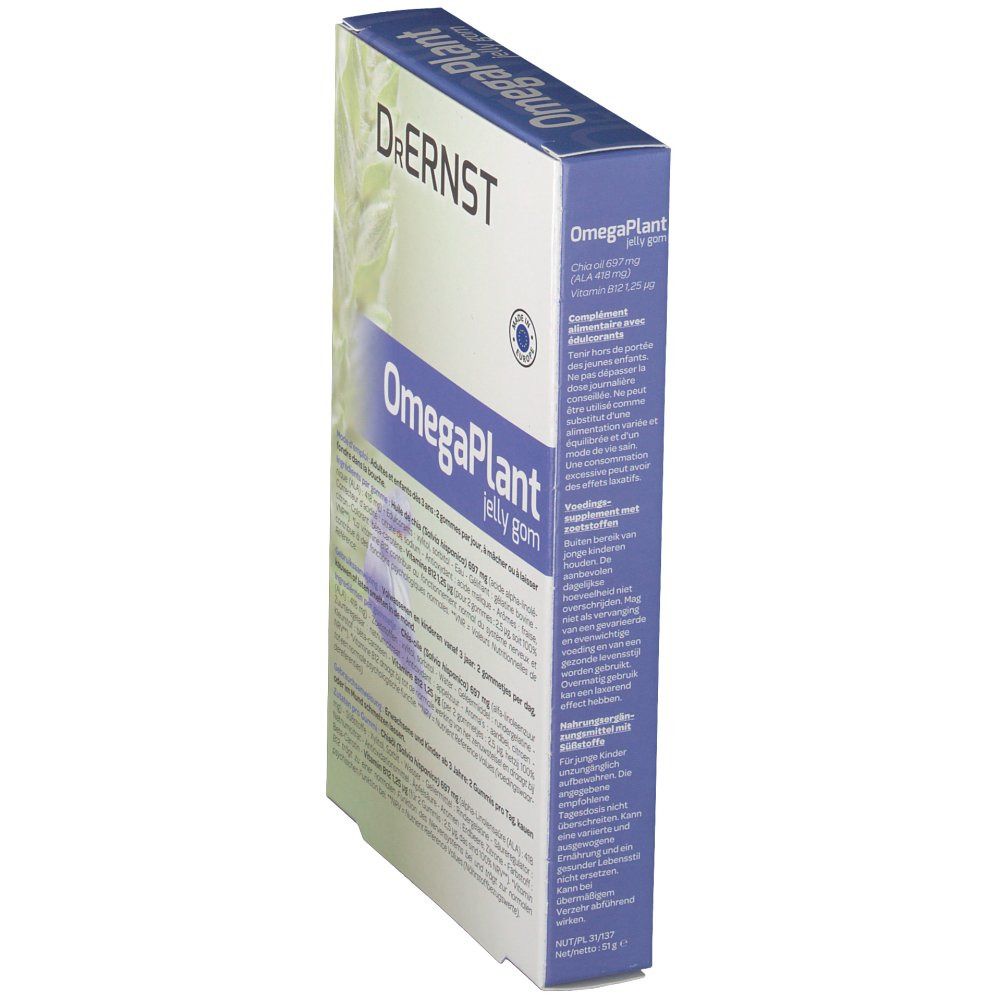 Vista laterale della confezione di DR Ernst OmegaPlant jelly gom. Informazioni testuali e nutrizionali.