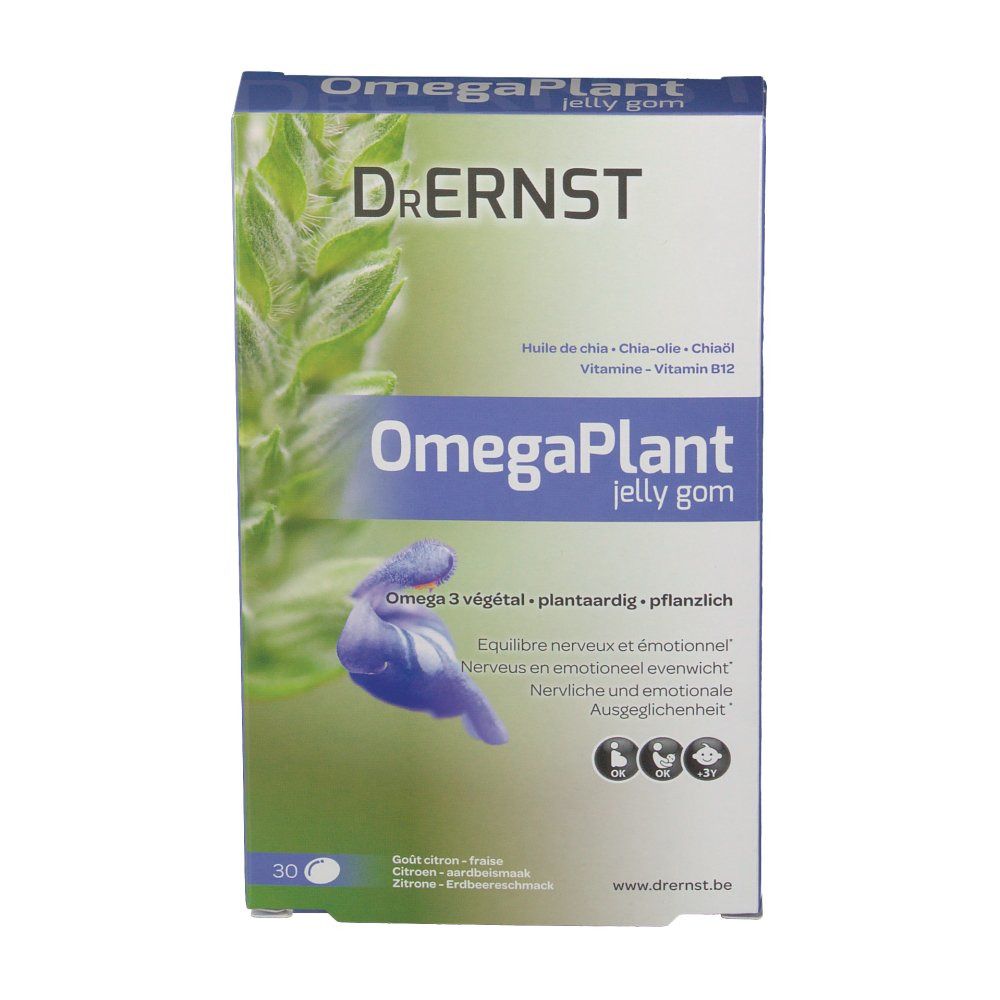 Confezione di DR Ernst OmegaPlant jelly gom. Fronte con nome del prodotto, design floreale e indicazione di 30 pezzi.
