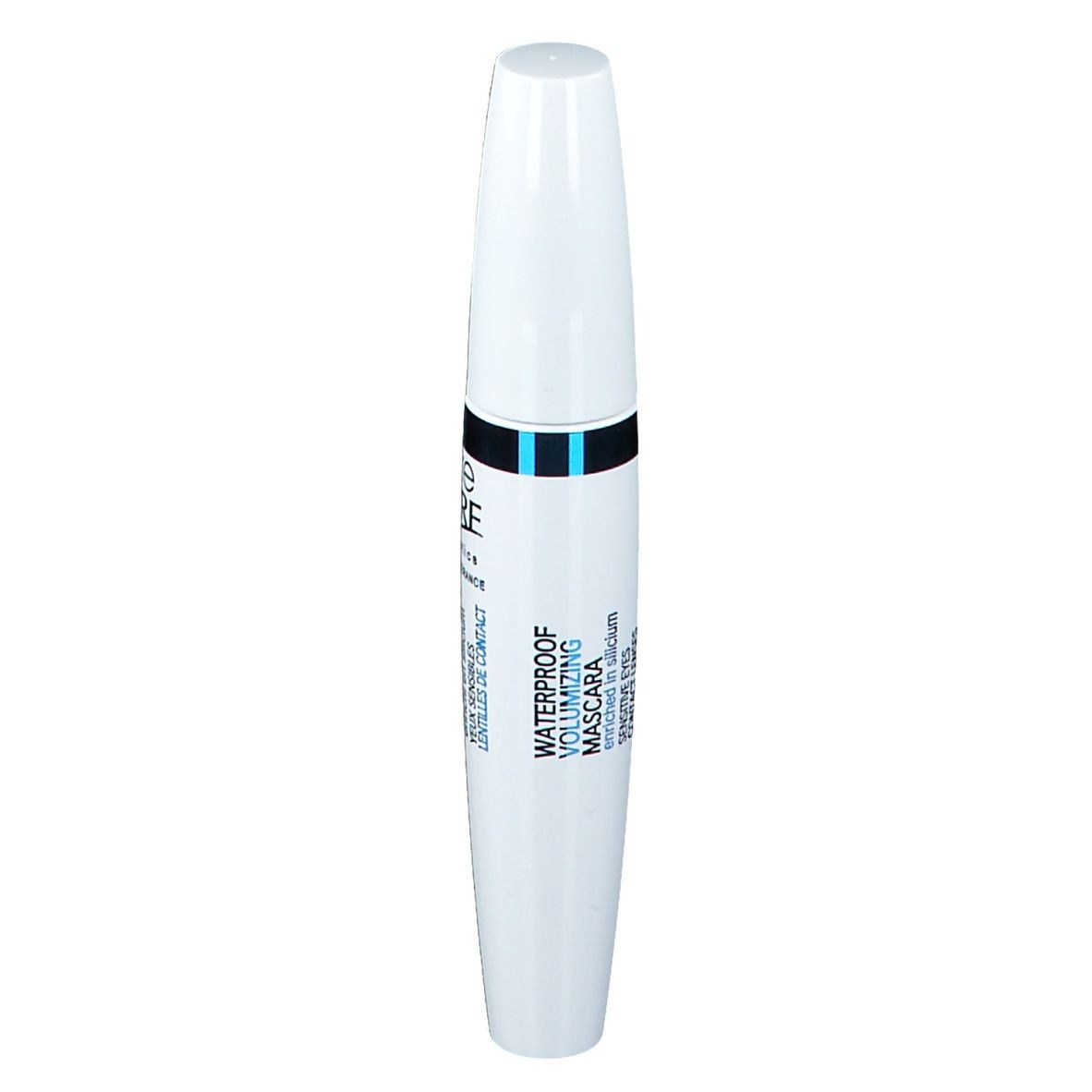 Tubetto mascara bianco con fascia nera e blu. Testo: WATERPROOF VOLUMIZING MASCARA, occhi sensibili, lenti a contatto.