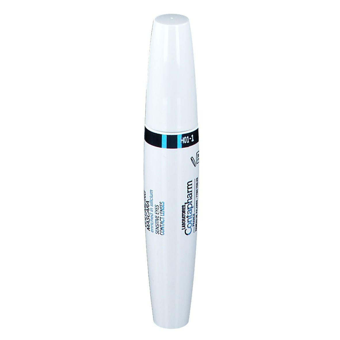 Tubetto mascara bianco con fascia nera e blu. Testo: Contapharm, occhi sensibili, lenti a contatto.