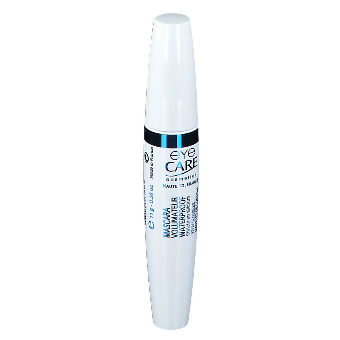 Tubetto mascara bianco con fascia nera e blu. Testo: EYE CARE, Mascara Volumateur Waterproof, 11g, 0.38 oz.