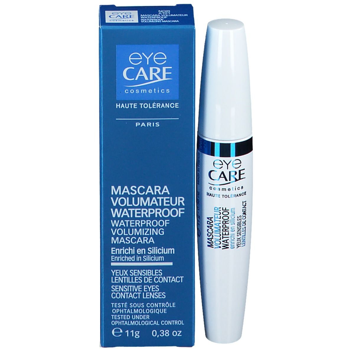 Scatola blu e tubetto mascara bianco. Testo: EYE CARE, Mascara Volumateur Waterproof, arricchito con silicio, 11g, 0.38 oz.