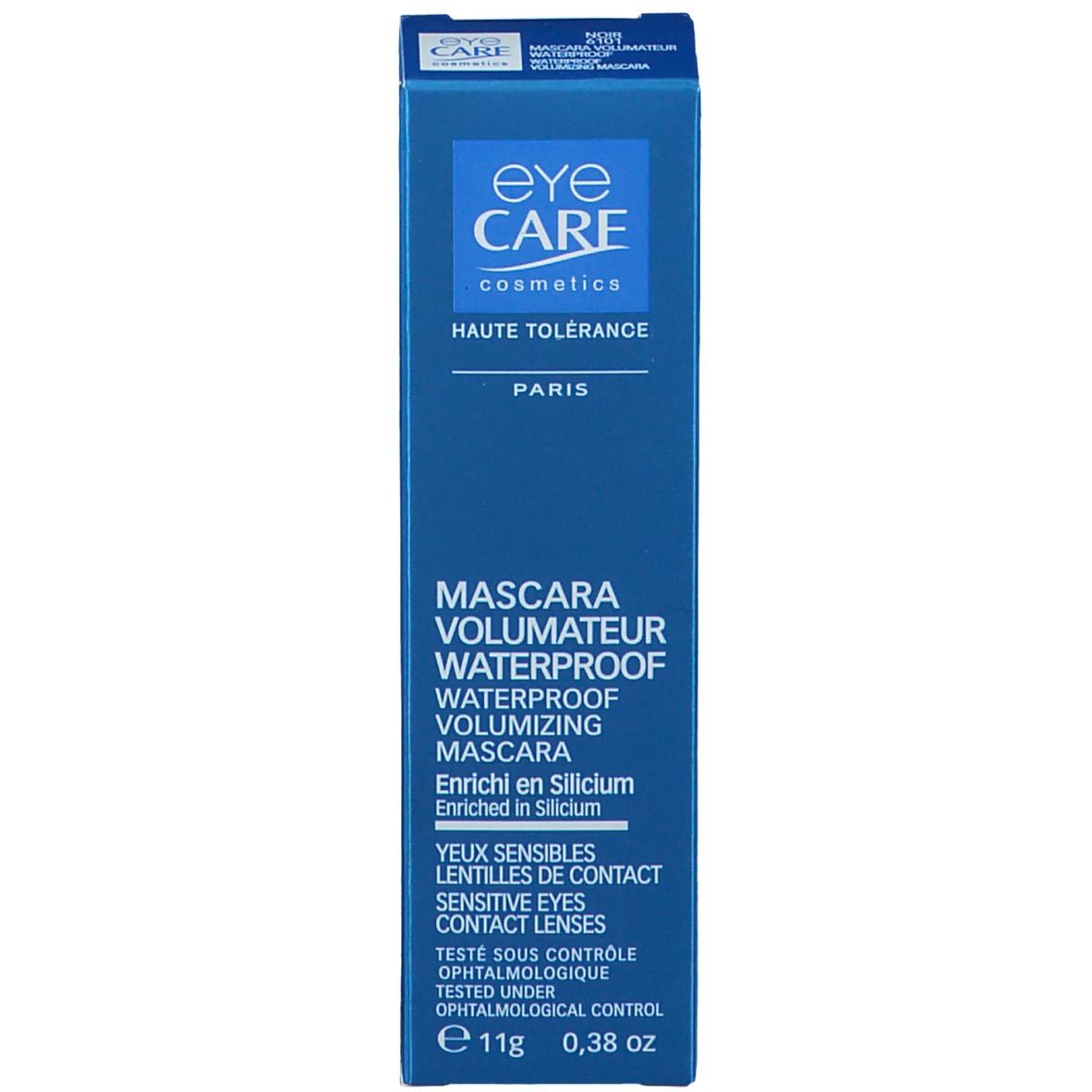 Scatola blu. Testo: EYE CARE, Mascara Volumateur Waterproof, arricchito con silicio, 11g, 0.38 oz.