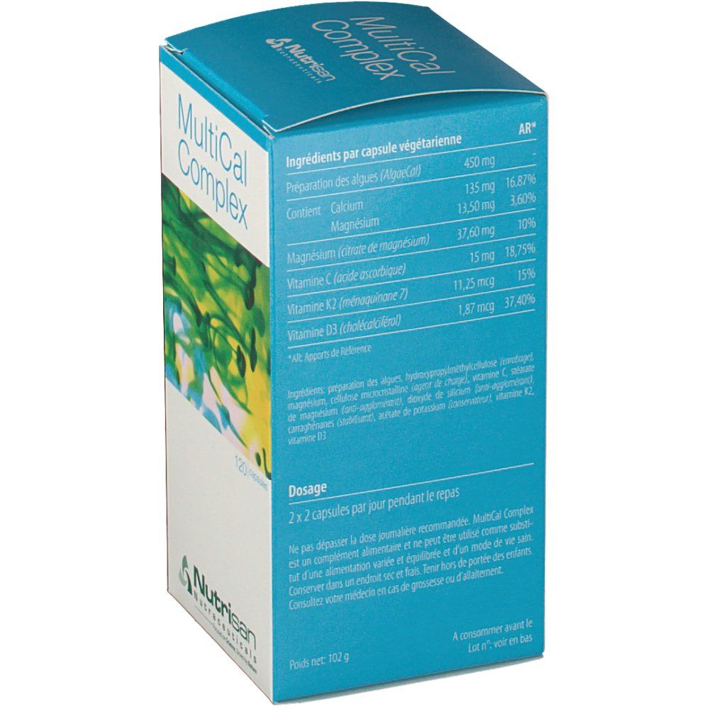 Retro della confezione Nutrisan MultiCal Complex. Contiene informazioni sugli ingredienti e il dosaggio in francese.