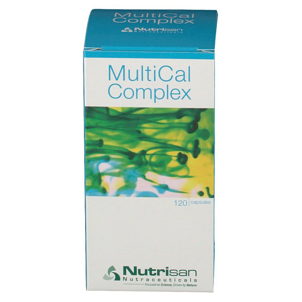 Confezione di Nutrisan MultiCal Complex. Colori blu e bianco. Scritta: MultiCal Complex e 120 capsule.