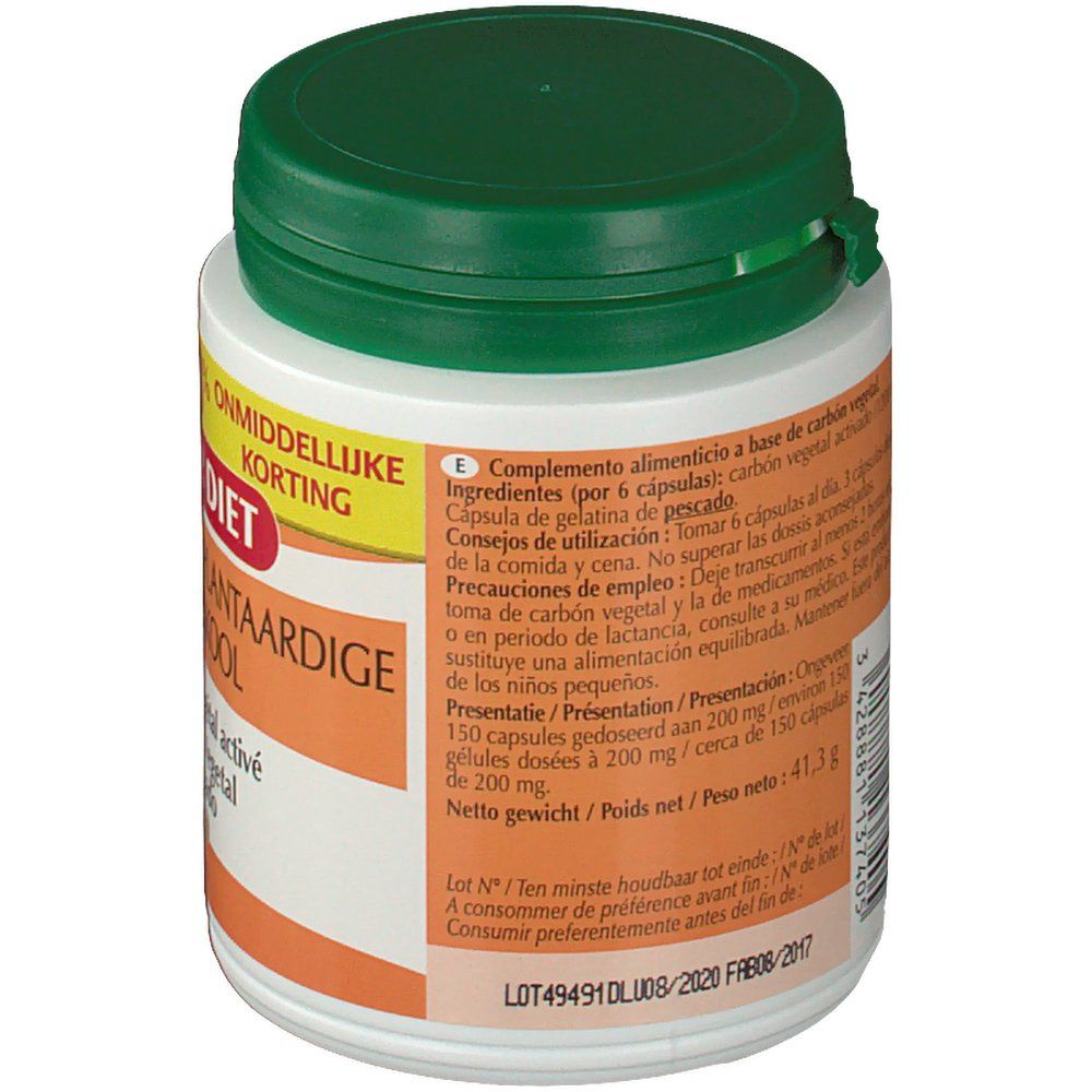 Barattolo bianco con coperchio verde. Scritta: Super Diet. Testo multilingue sul retro. Contiene 150 capsule.